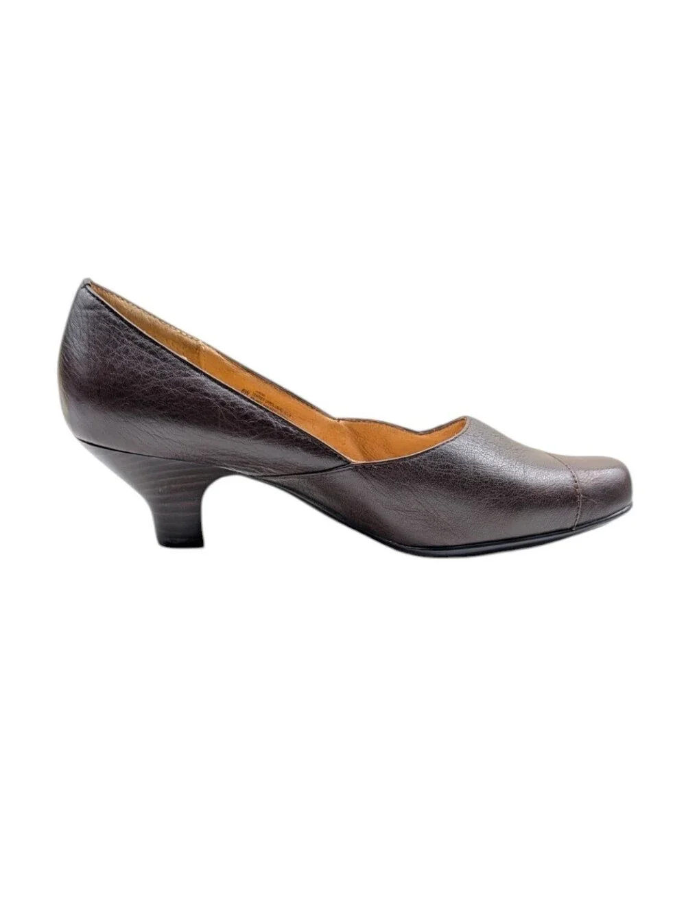 Söfft Brown Leather Kitten Heel Comfort Pumps 8W Wide Button Accent S4244
